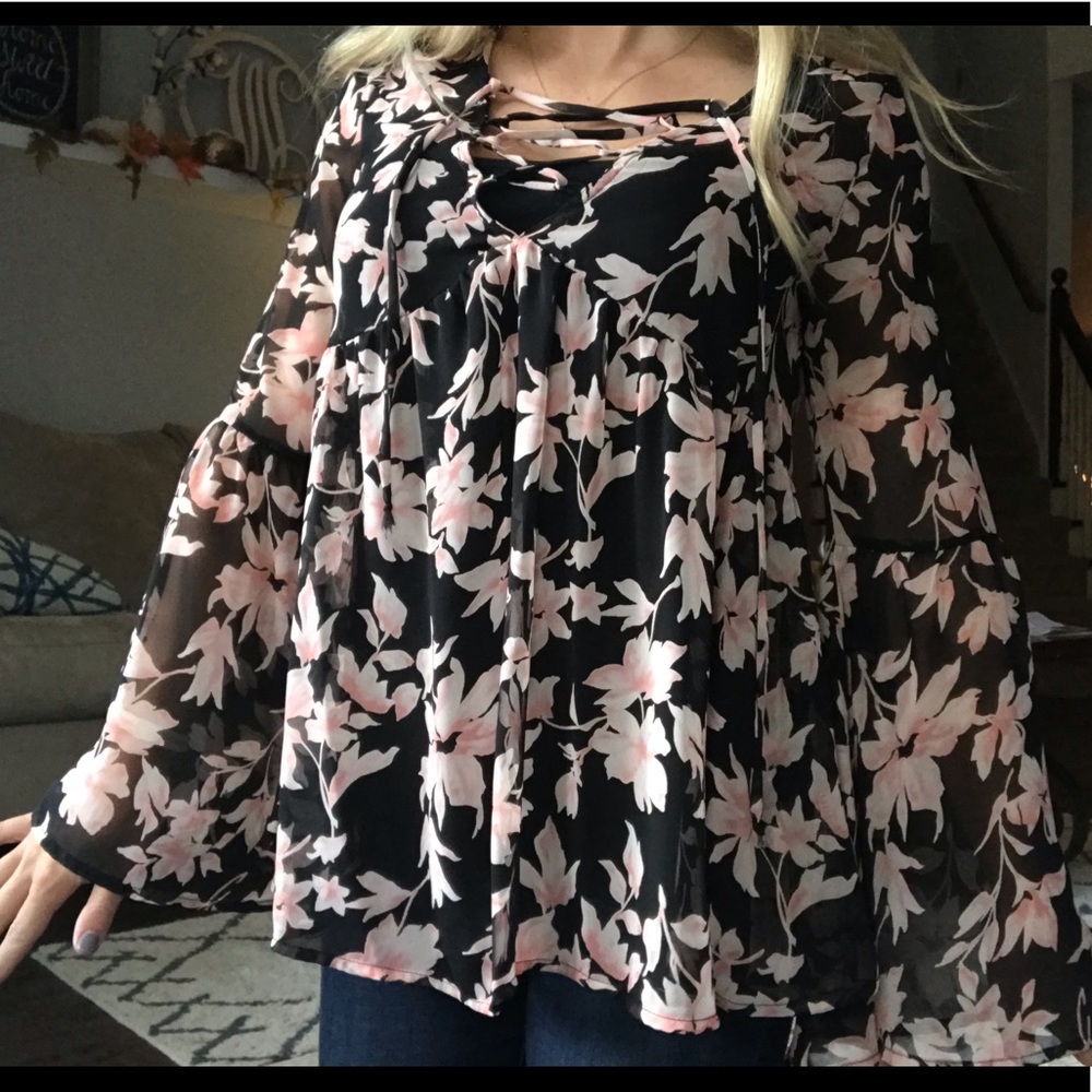 Peach love black floral top